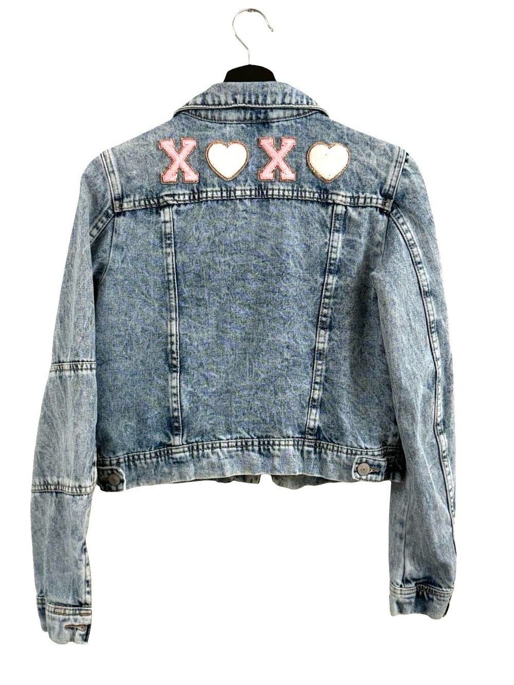 We the Free Denim Jacket with Pink X and Heart Appliqués